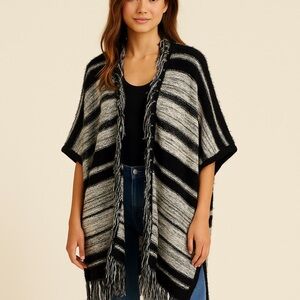 Ming Wang Black and Gray Striped Chunky Open Front Long Sweater Duster